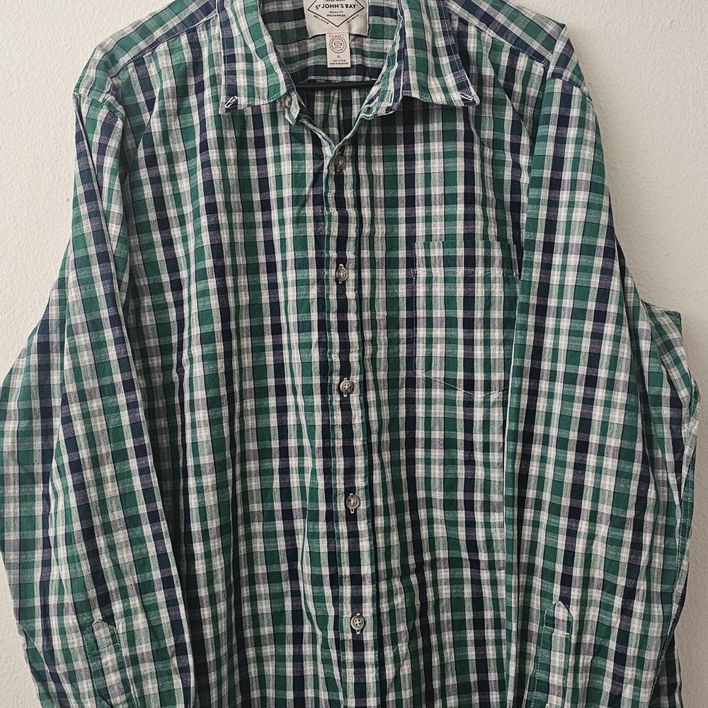St. John's Bay Green and Navy Plaid Button Down Shirt